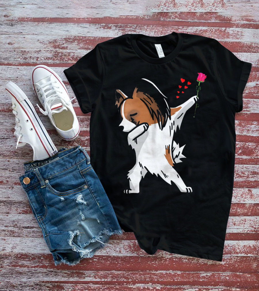 Dabbing Papillon Dog Holding Rose With Hearts For Valentines Day T-Shirt