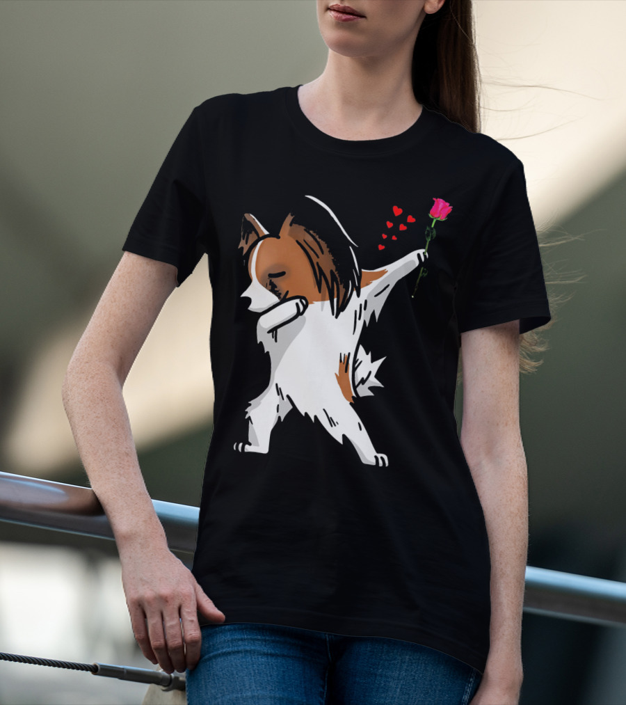 Dabbing Papillon Dog Holding Rose With Hearts For Valentines Day T-Shirt