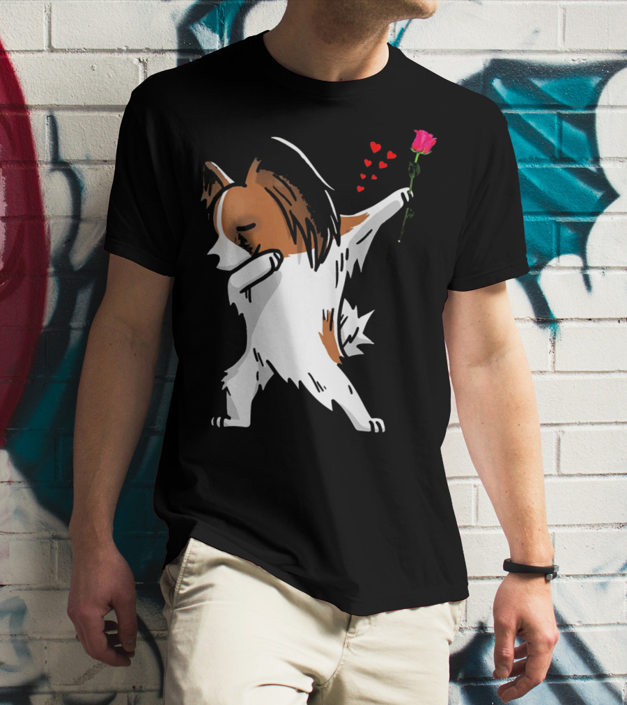 Dabbing Papillon Dog Holding Rose With Hearts For Valentines Day T-Shirt
