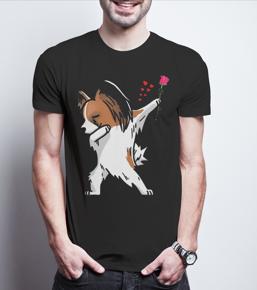 Dabbing Papillon Dog Holding Rose With Hearts For Valentines Day T-Shirt