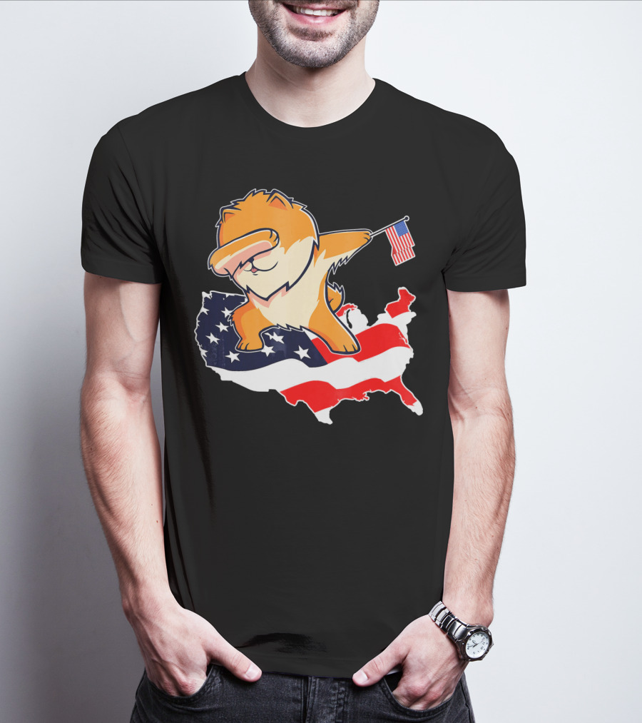 Funny Dabbing Pomeranian Holding American Flag On USA Map T-Shirt