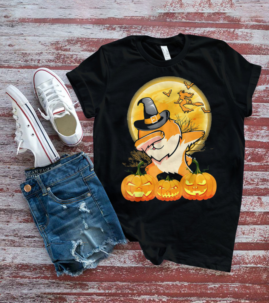 Dabbing Pomeranian Dog Halloween Pumpkin Witch Moon T-Shirt