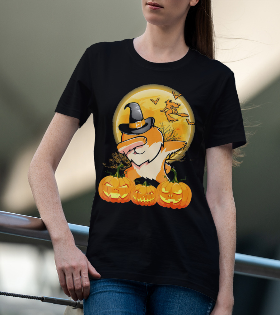 Dabbing Pomeranian Dog Halloween Pumpkin Witch Moon T-Shirt