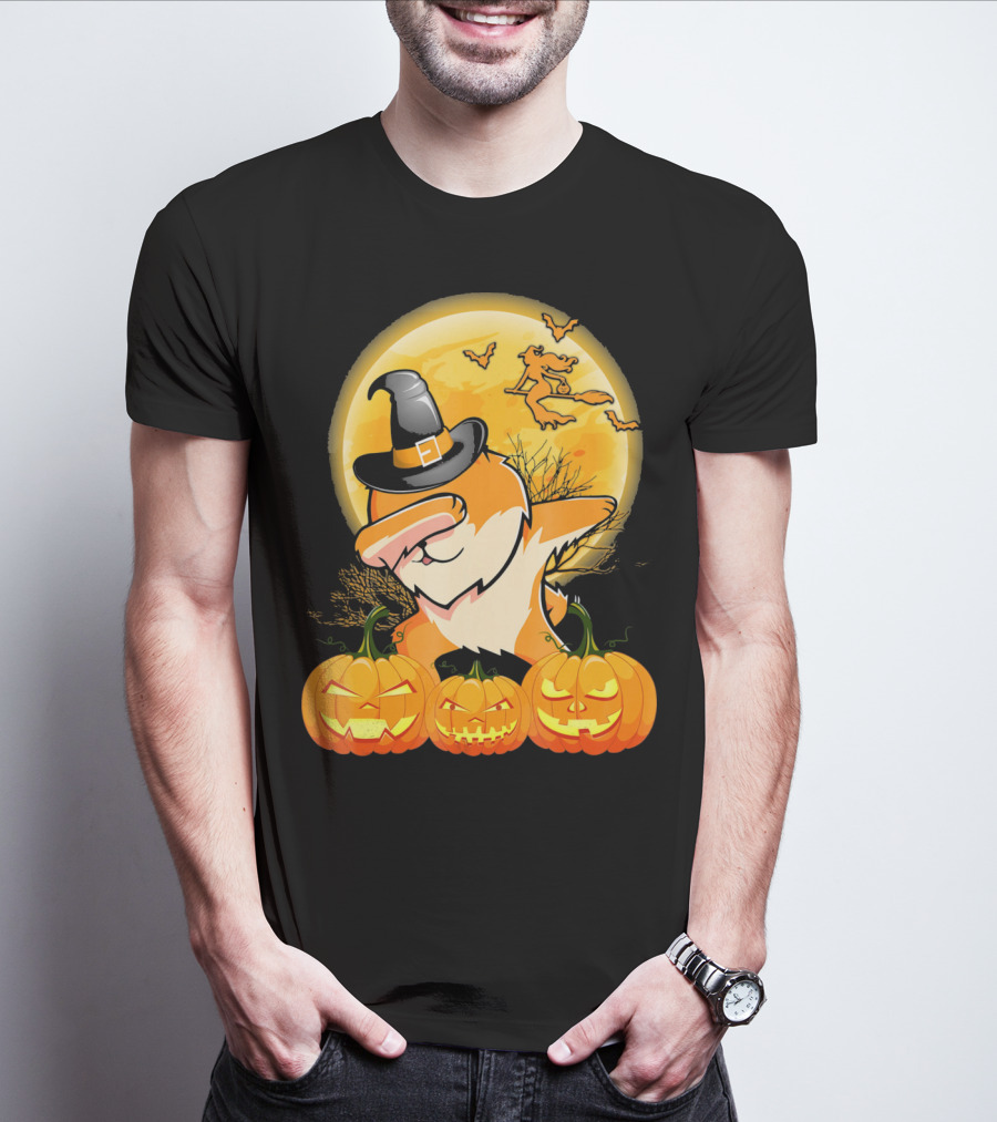 Dabbing Pomeranian Dog Halloween Pumpkin Witch Moon T-Shirt