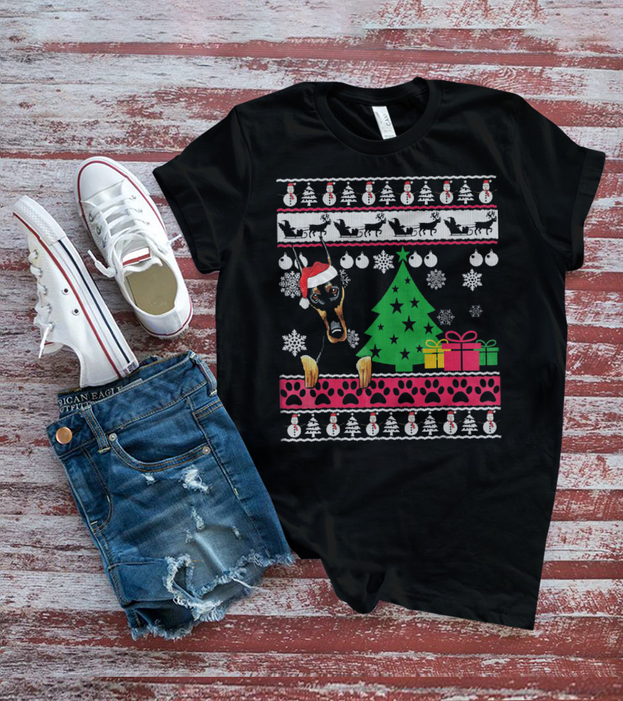 Doberman Christmas Sweater With Santa Hat And Festive Decorations T-Shirt