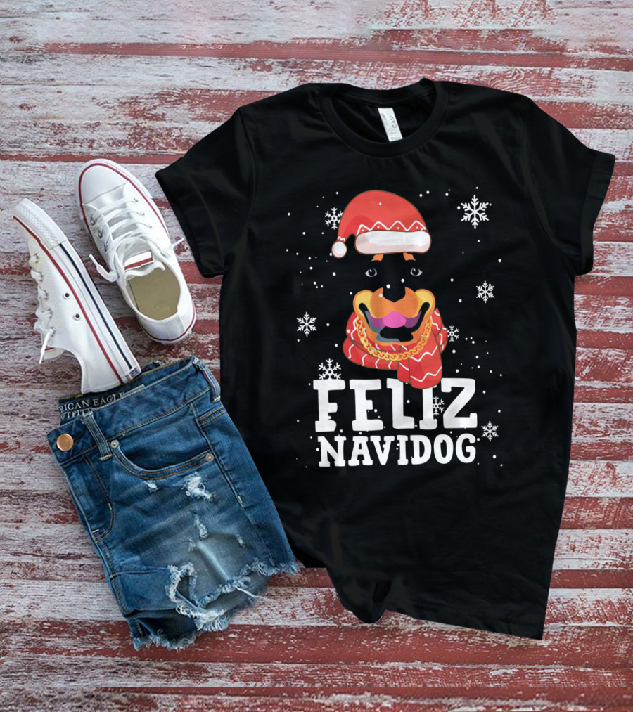 Feliz Navidog Rottweiler Christmas Santa Hat Snowflakes Ugly Sweaters T-Shirt