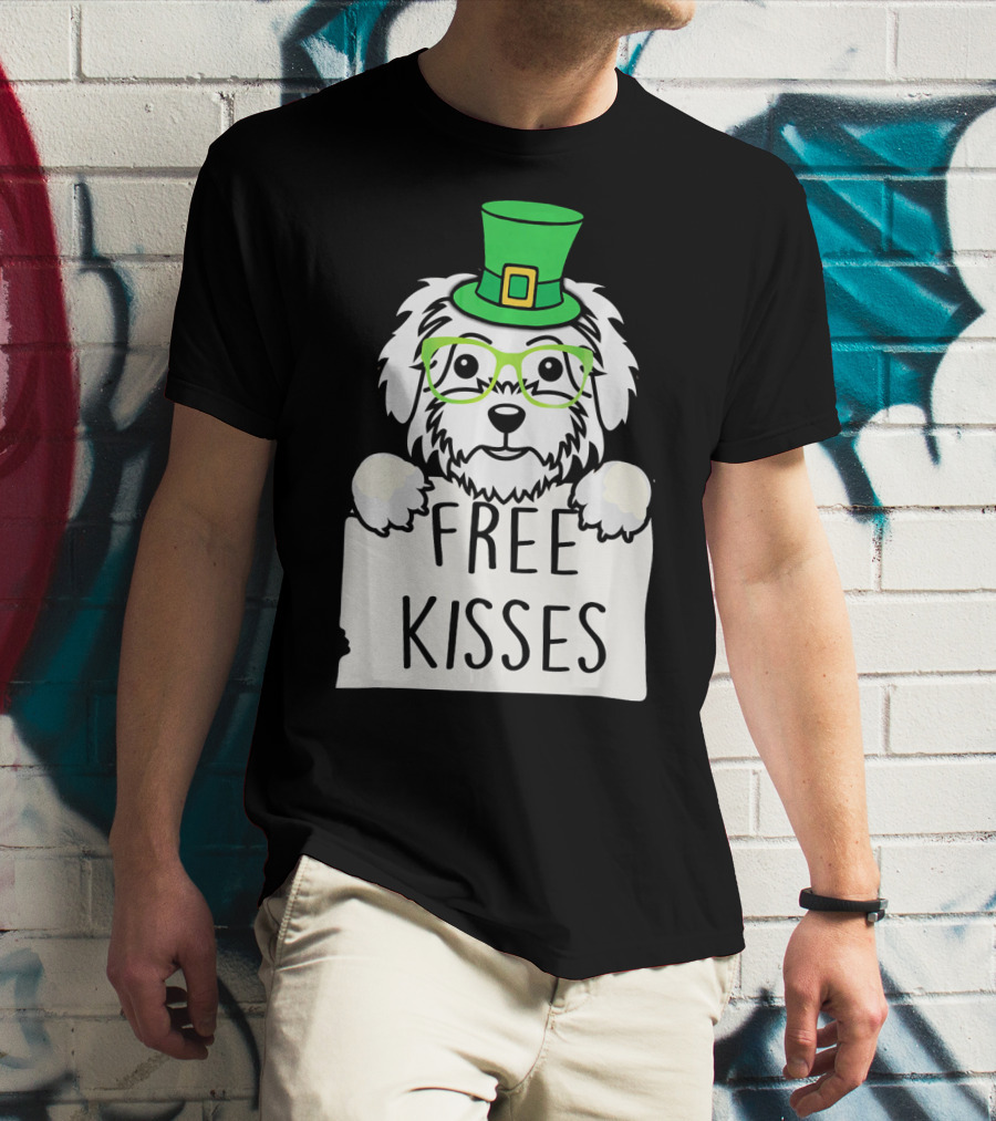 Free Kisses Maltese Dog With Green Leprechaun Hat St Patricks T-Shirt
