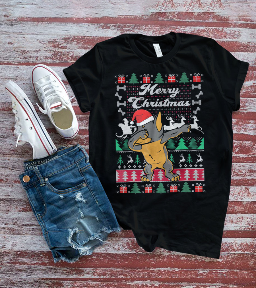 Merry Christmas Doberman Dabbing In Santa Hat With Holiday Symbols T-Shirt