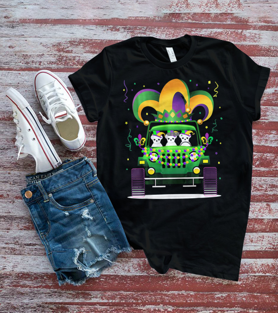 Mardi Gras Maltese Dogs Riding Jeep With Colorful Hat And Beads T-Shirt