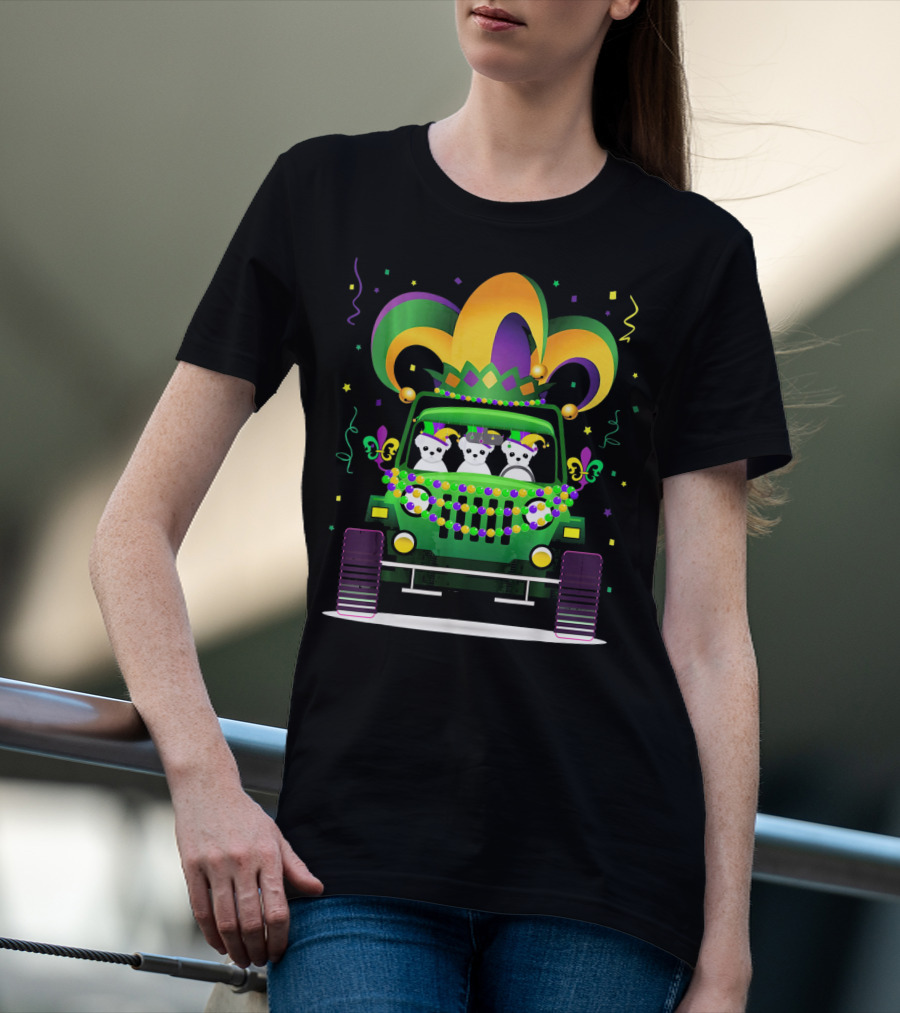 Mardi Gras Maltese Dogs Riding Jeep With Colorful Hat And Beads T-Shirt
