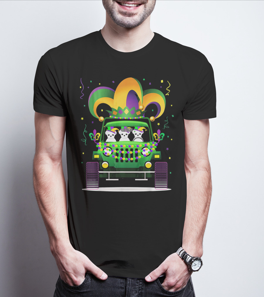 Mardi Gras Maltese Dogs Riding Jeep With Colorful Hat And Beads T-Shirt