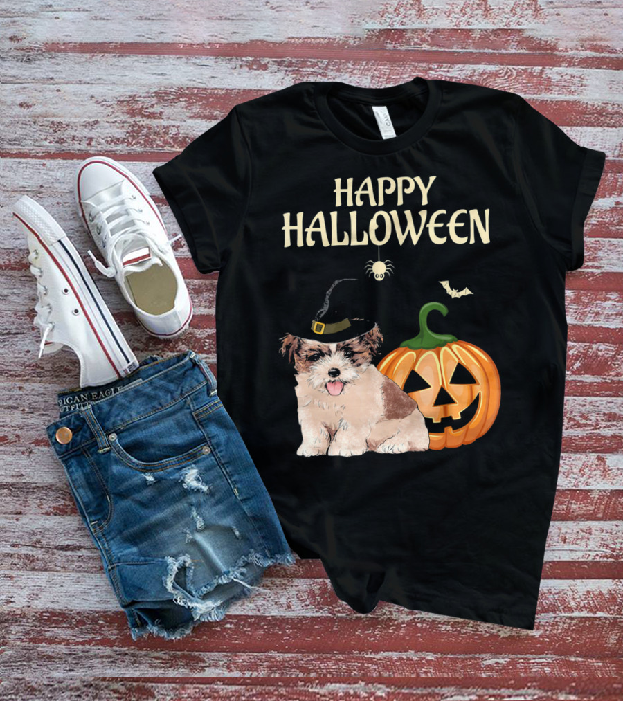 Happy Halloween Shih Tzu With Pumpkin And Witch Hat T-Shirt