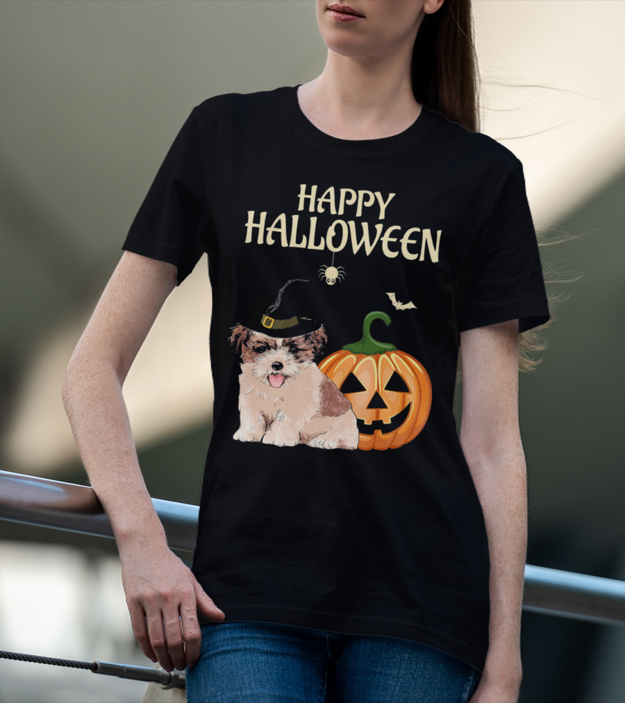 Happy Halloween Shih Tzu With Pumpkin And Witch Hat T-Shirt