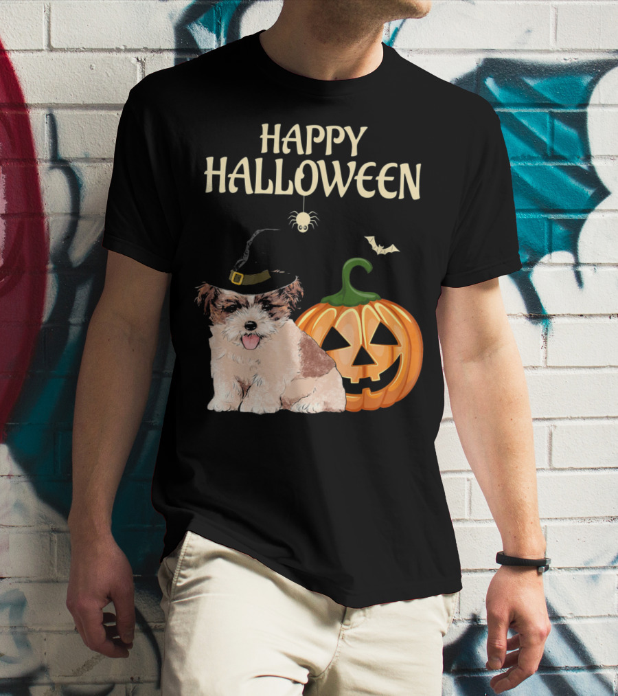 Happy Halloween Shih Tzu With Pumpkin And Witch Hat T-Shirt