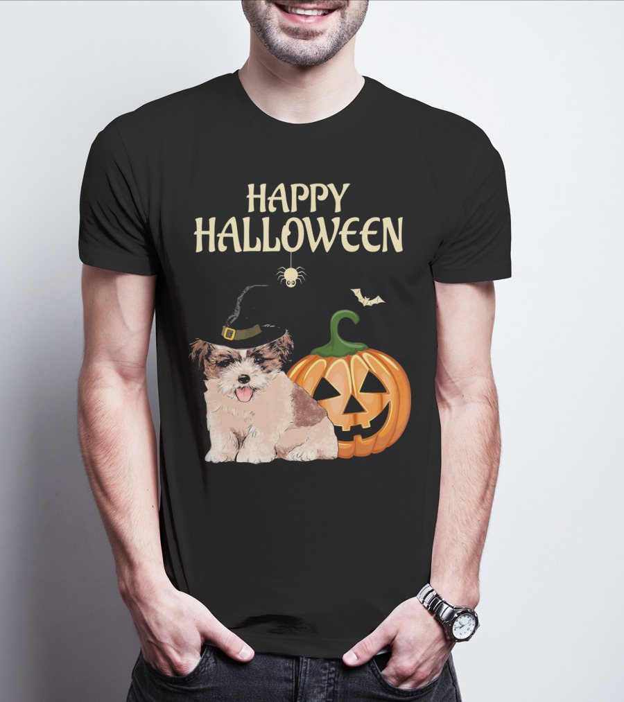 Happy Halloween Shih Tzu With Pumpkin And Witch Hat T-Shirt