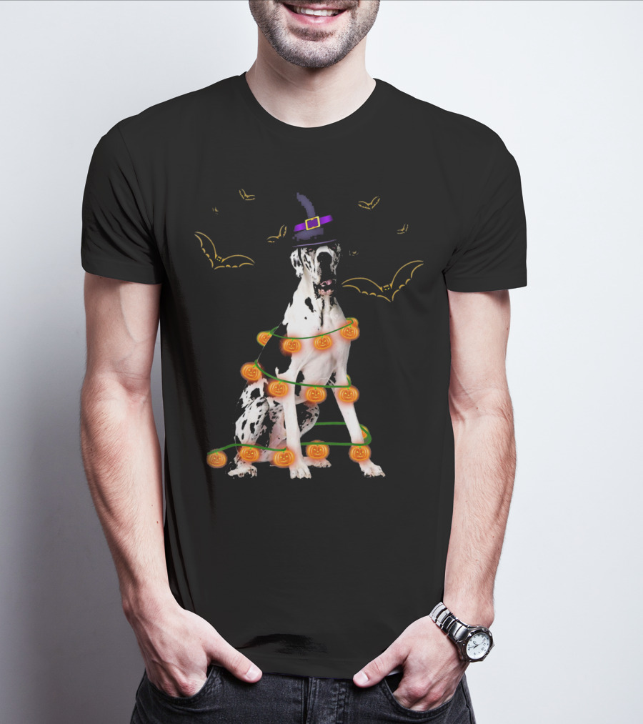 Great Dane Witch Hat Pumpkin Lights Bats Halloween Kids Funny T-Shirt