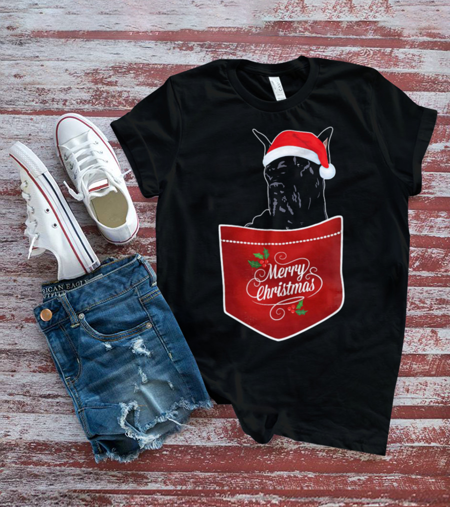 Great Dane In Santa Hat With Merry Christmas Pocket T-Shirt