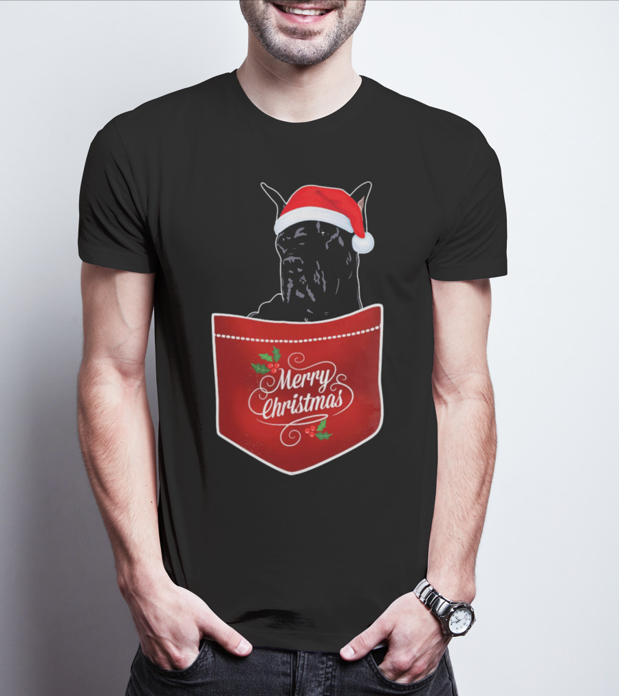 Great Dane In Santa Hat With Merry Christmas Pocket T-Shirt