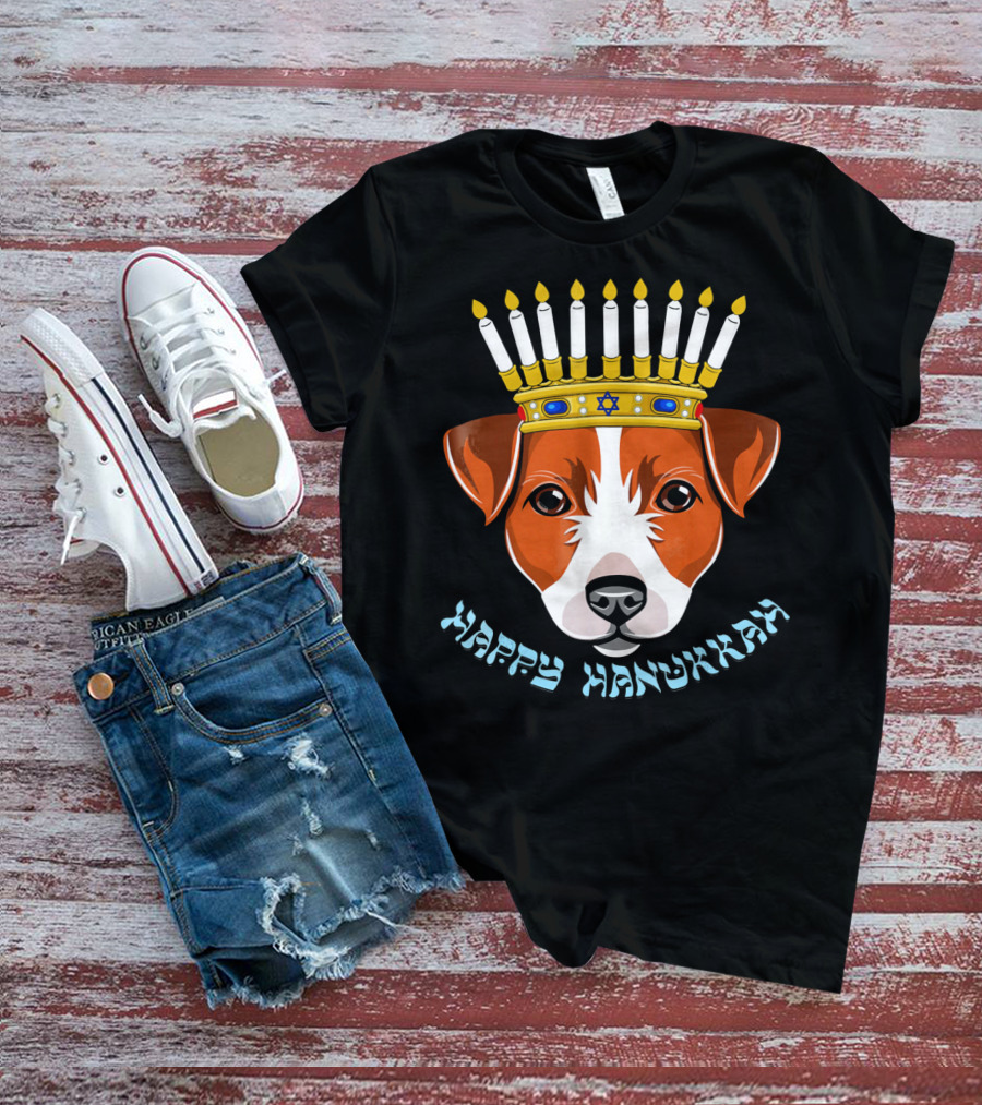 Happy Hanukkah Jack Russell Menorah Hat Candle T-Shirt