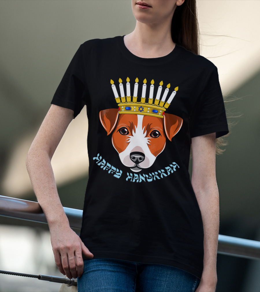 Happy Hanukkah Jack Russell Menorah Hat Candle T-Shirt