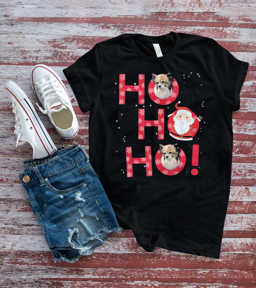 Ho Ho Ho Papillon Dog Santa's Laugh With Snowflakes T-Shirt