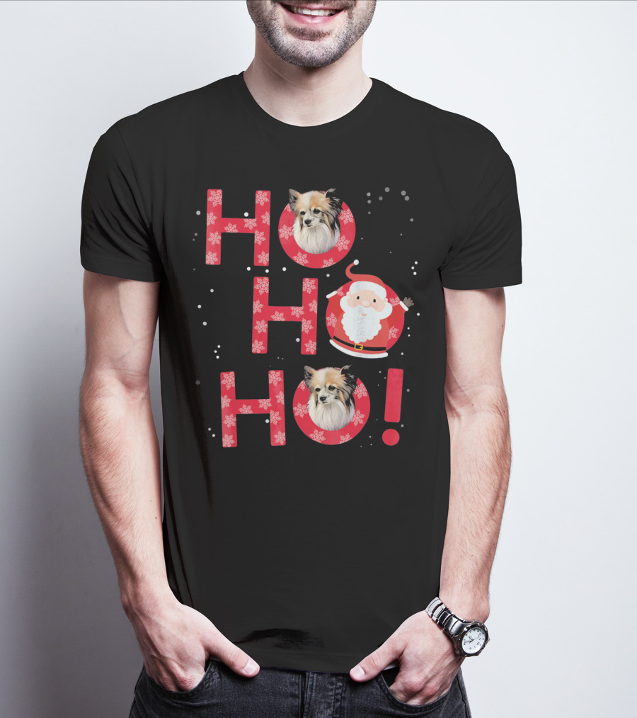 Ho Ho Ho Papillon Dog Santa's Laugh With Snowflakes T-Shirt