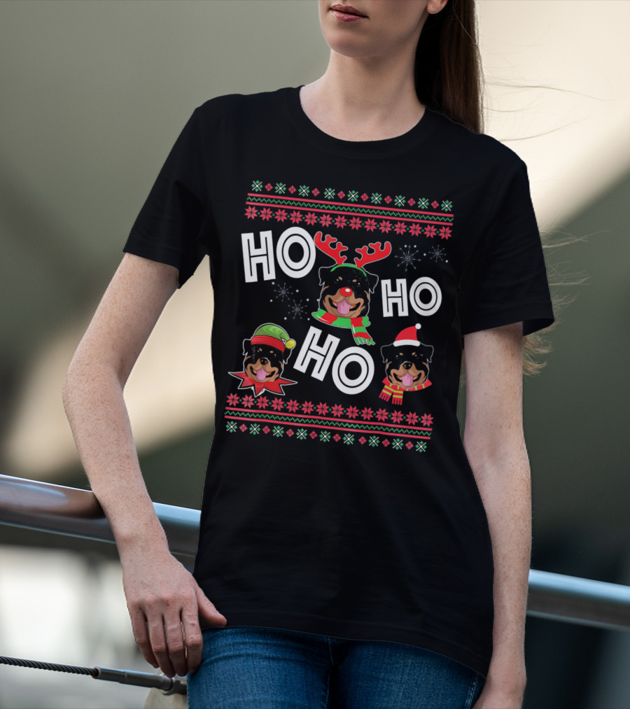 HO HO HO Rottweiler Christmas Reindeer Funny Dog T-Shirt