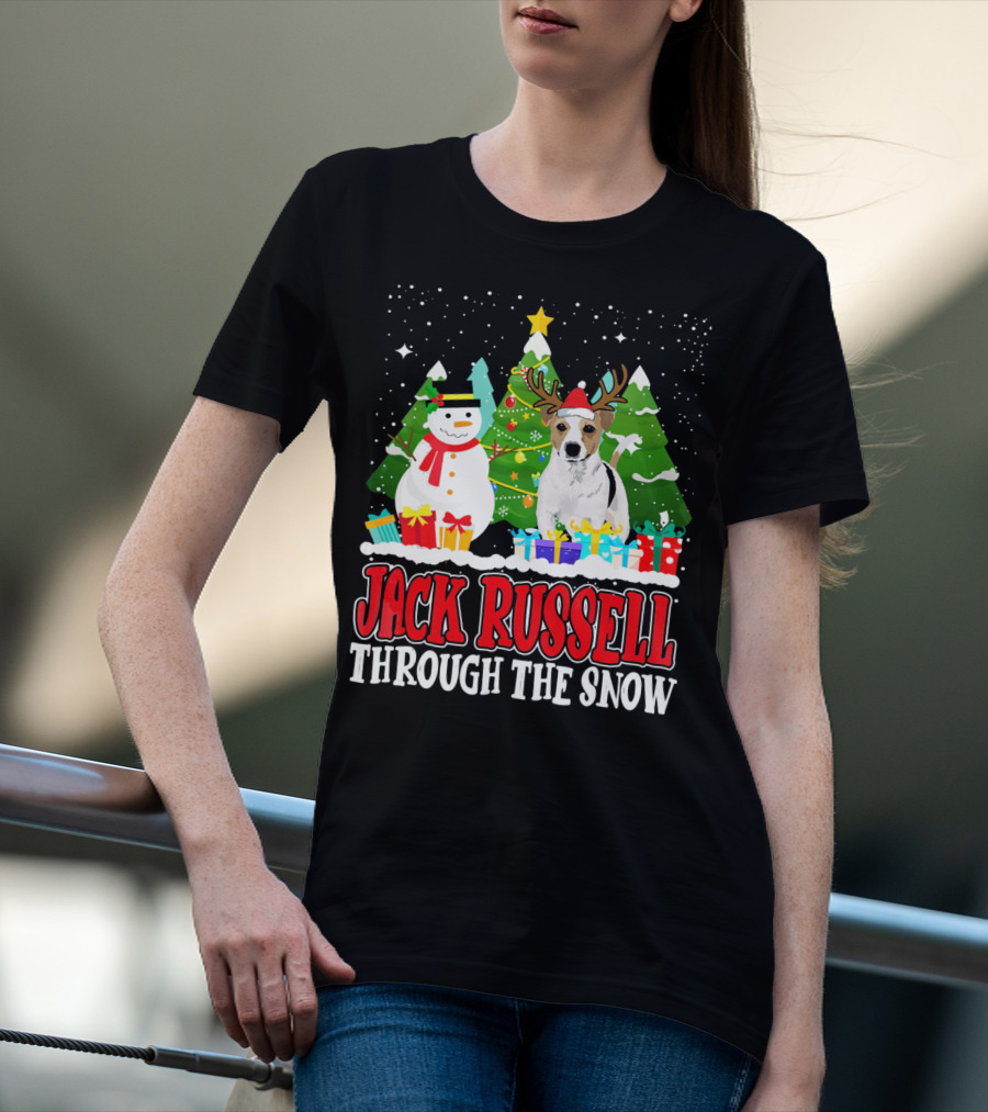 Jack Russell Through The Snow Christmas Reindeer Hat Snowman Trees Gifts T-Shirt