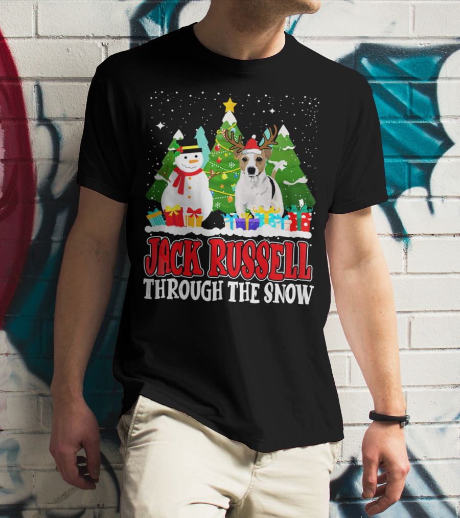 Jack Russell Through The Snow Christmas Reindeer Hat Snowman Trees Gifts T-Shirt