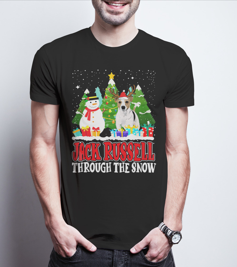 Jack Russell Through The Snow Christmas Reindeer Hat Snowman Trees Gifts T-Shirt