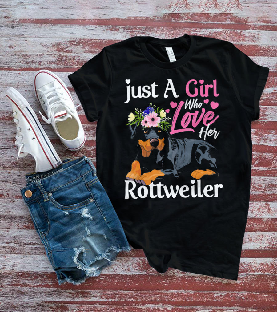 Just A Girl Who Loves Her Rottweiler With Floral Crown And Heart Accents T-Shirt