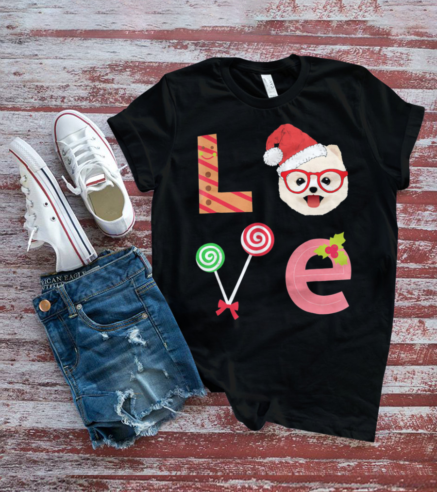 Love Pomeranian Santa Christmas Dog Candy Cane Glasses T-Shirt