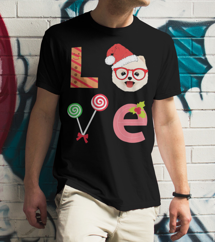 Love Pomeranian Santa Christmas Dog Candy Cane Glasses T-Shirt
