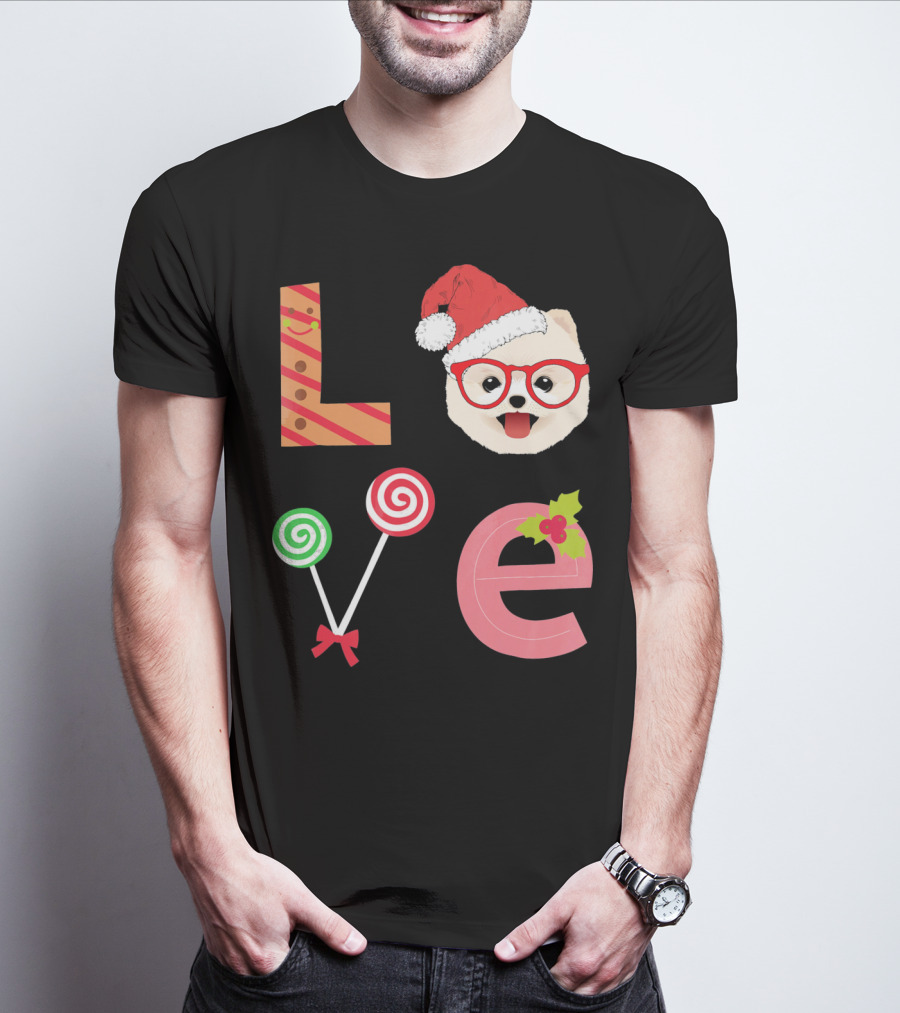 Love Pomeranian Santa Christmas Dog Candy Cane Glasses T-Shirt