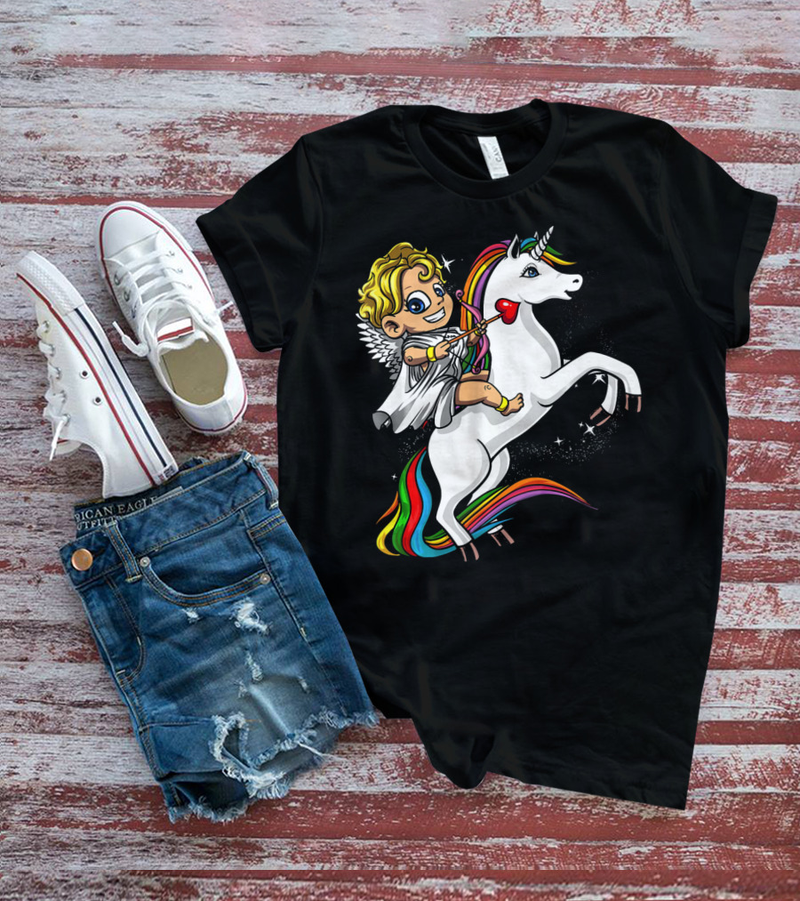Cupid Riding Colorful Unicorn Valentines Day Magic T-Shirt