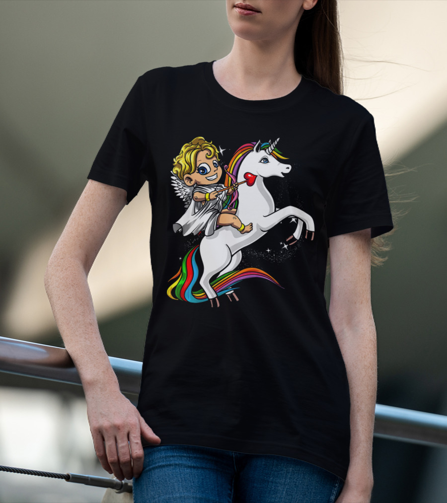Cupid Riding Colorful Unicorn Valentines Day Magic T-Shirt