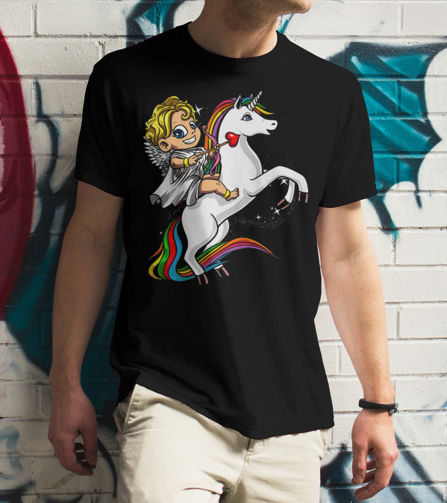 Cupid Riding Colorful Unicorn Valentines Day Magic T-Shirt