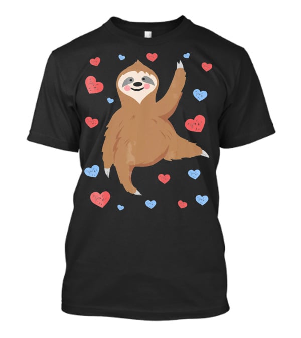 Cute Cuddly Sloth Surrounded By Red And Blue Hearts Valentine's Day T-Shirt