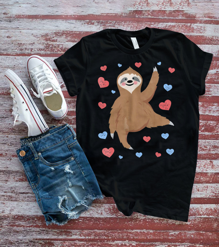 Cute Cuddly Sloth Surrounded By Red And Blue Hearts Valentine's Day T-Shirt