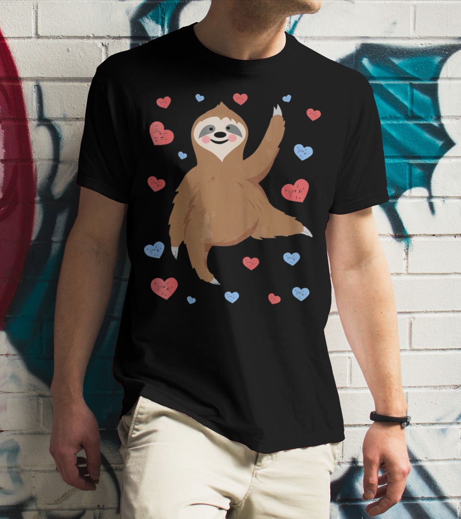 Cute Cuddly Sloth Surrounded By Red And Blue Hearts Valentine's Day T-Shirt