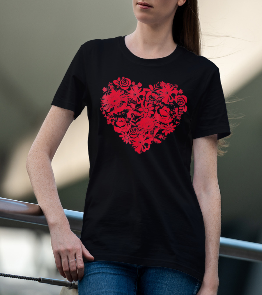 Cute Red Heart Floral Valentines Flower T-Shirt