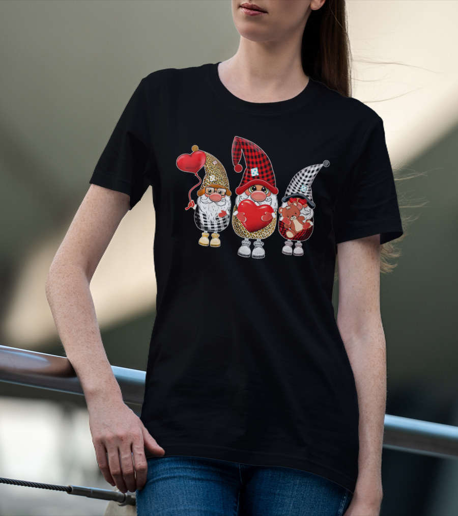 Cute Gnomes With Leopard And Buffalo Plaid Hearts T-Shirt