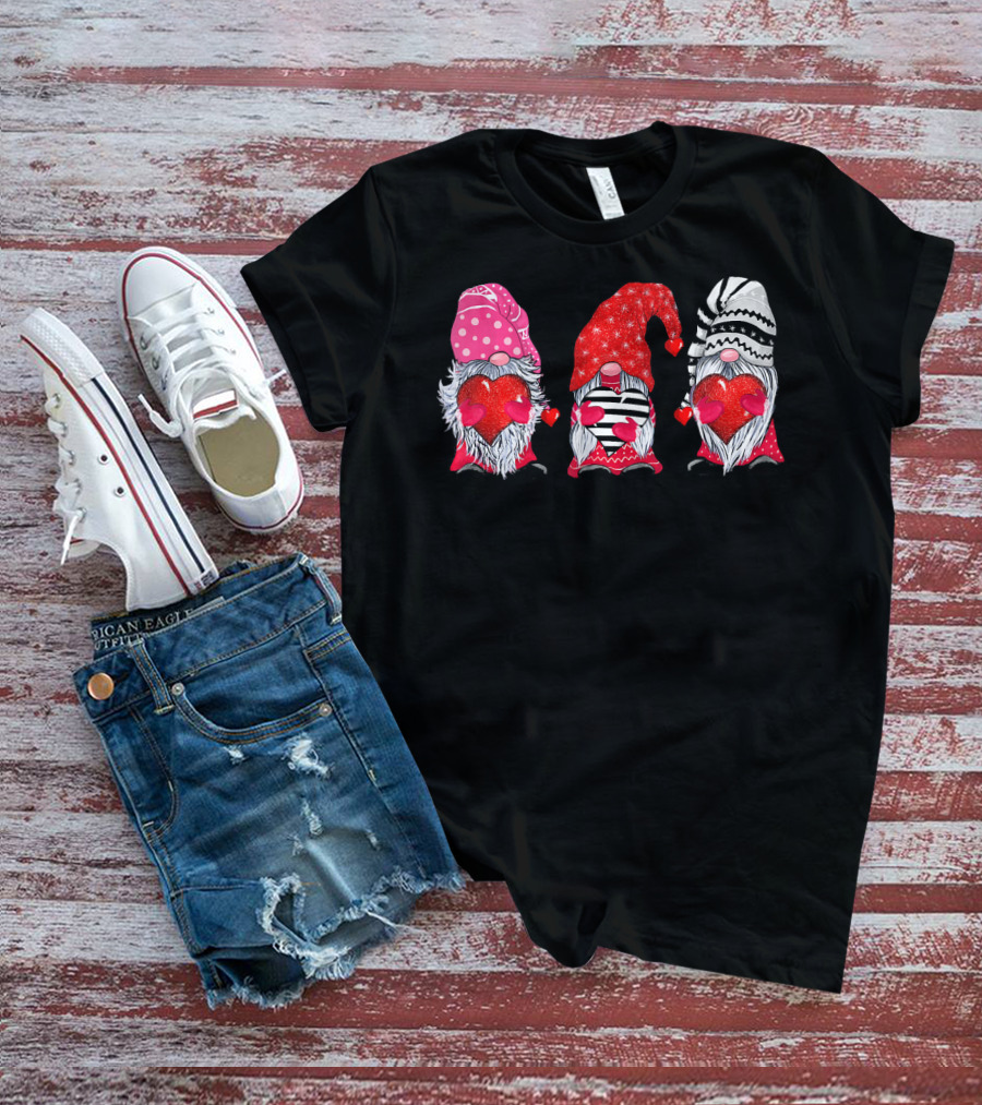 Cute Gnomes Valentine's Couple Heart Match Striped Red Hat Polka Dot T-Shirt