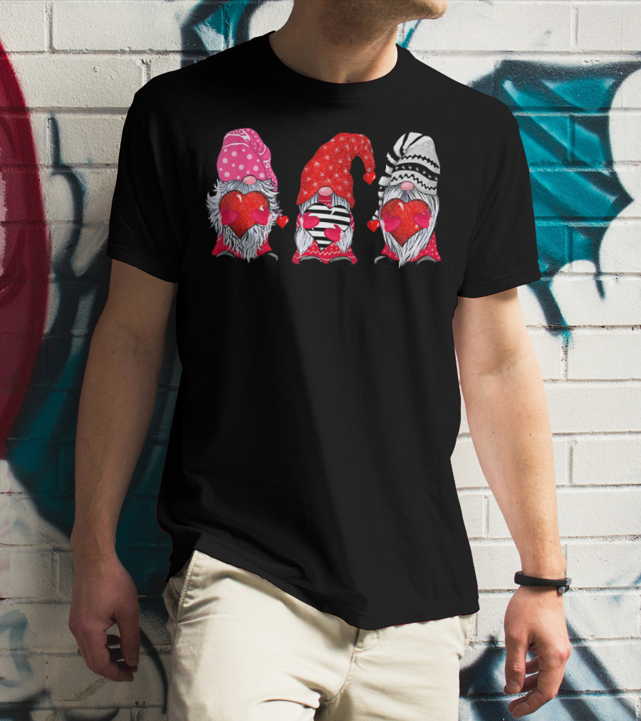 Cute Gnomes Valentine's Couple Heart Match Striped Red Hat Polka Dot T-Shirt