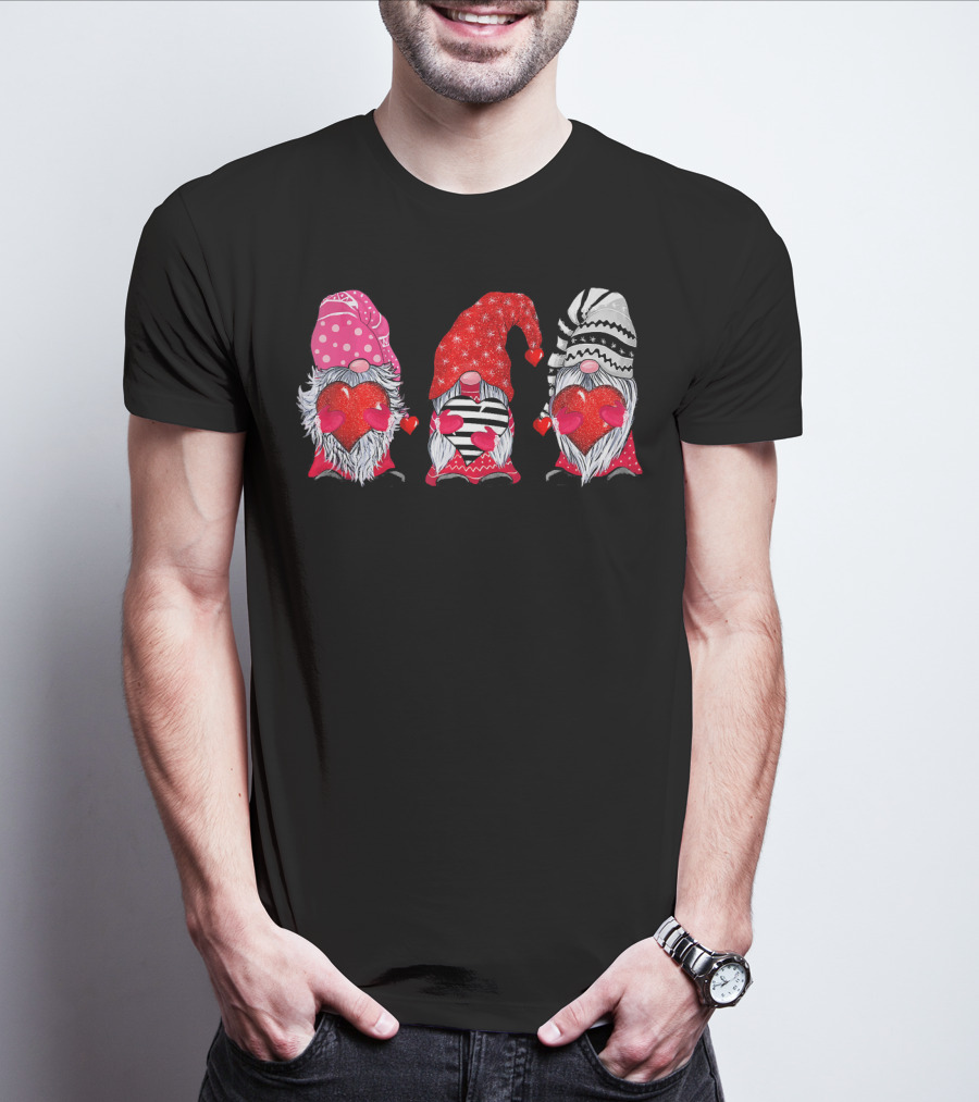 Cute Gnomes Valentine's Couple Heart Match Striped Red Hat Polka Dot T-Shirt