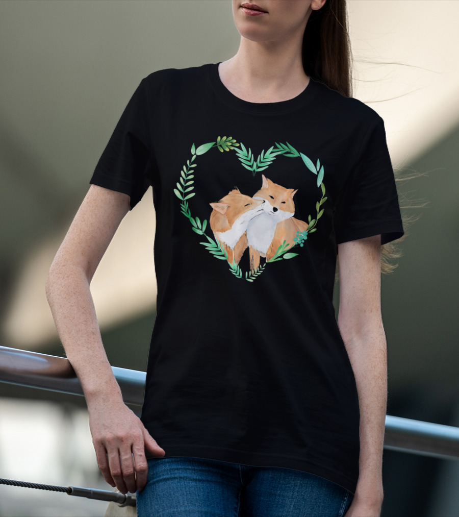 Cute Love Foxes Valentines Day Heart Greenery T-Shirt