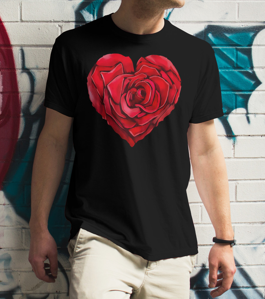 Cute Red Heart Rose Flower Art Bloom Blossom T-Shirt