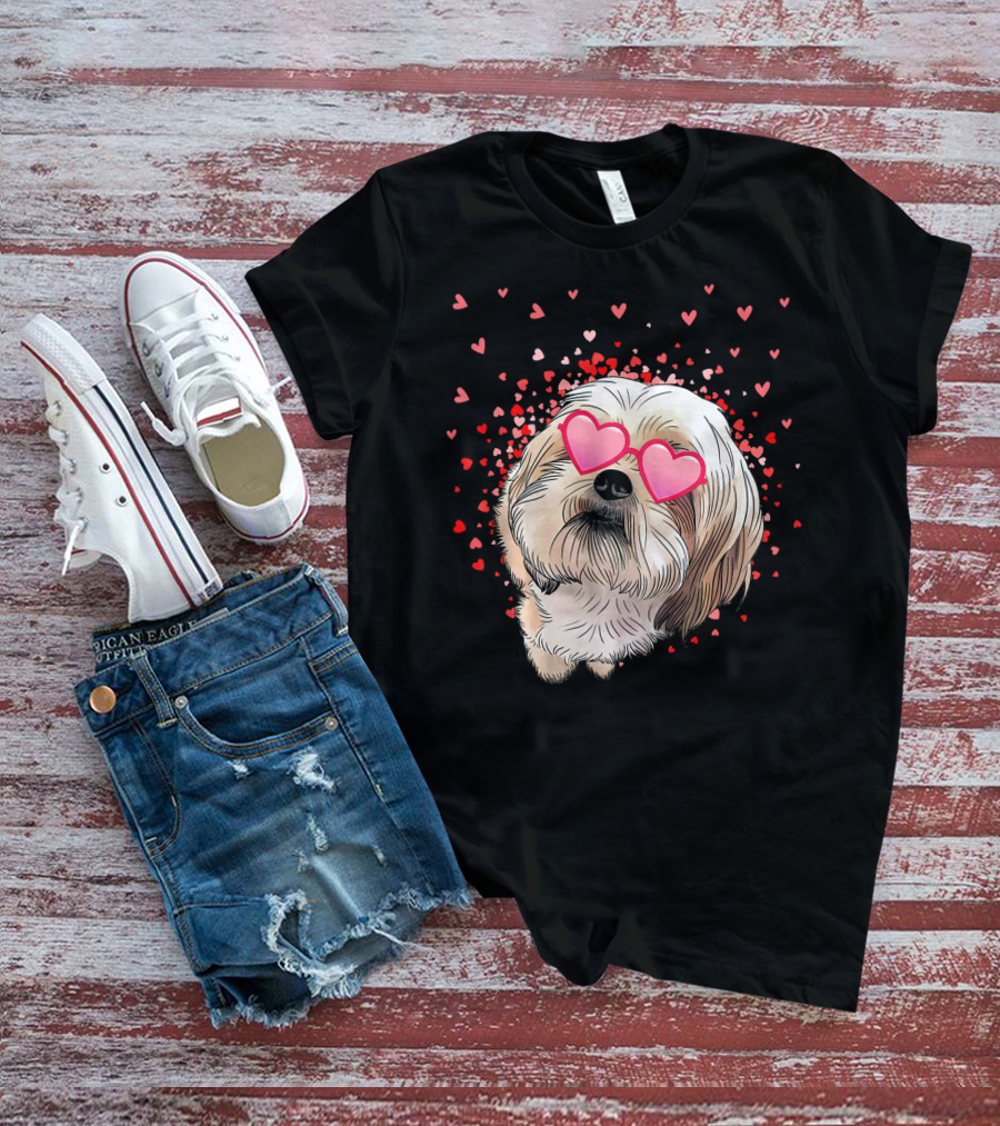 Cute Shih Tzu Heart Glasses Valentine's Day Hearts T-Shirt