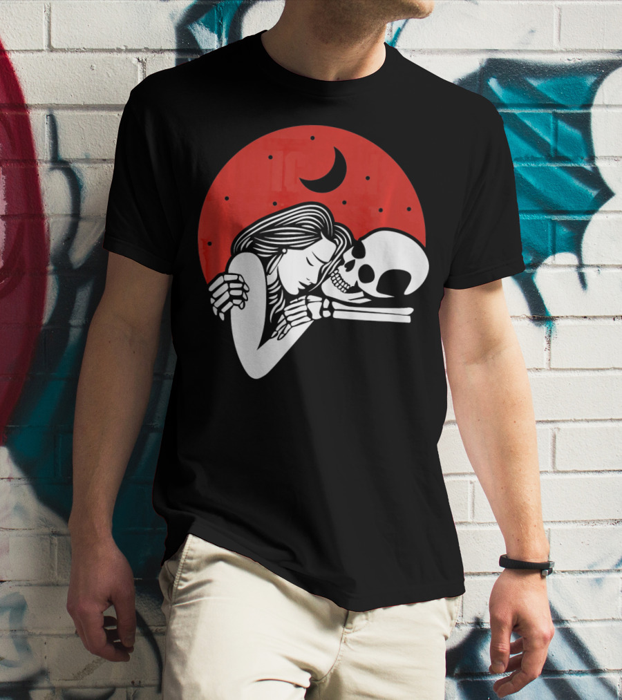 Cute Skeleton Romantic Valentines Moon Embrace T-Shirt