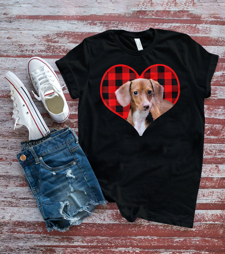 Dachshund In Red Plaid Heart Valentine's Day T-Shirt